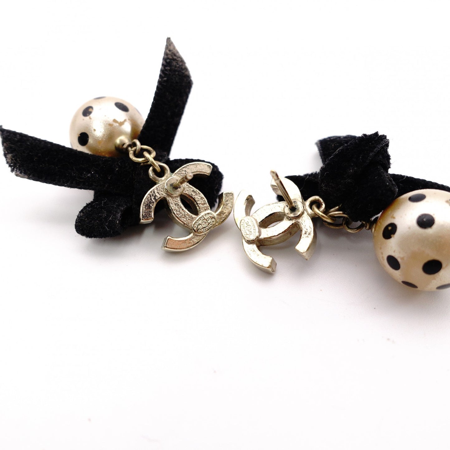 CHANEL Earrings, Metal/Faux Pearl, Beige and Black Ribbon