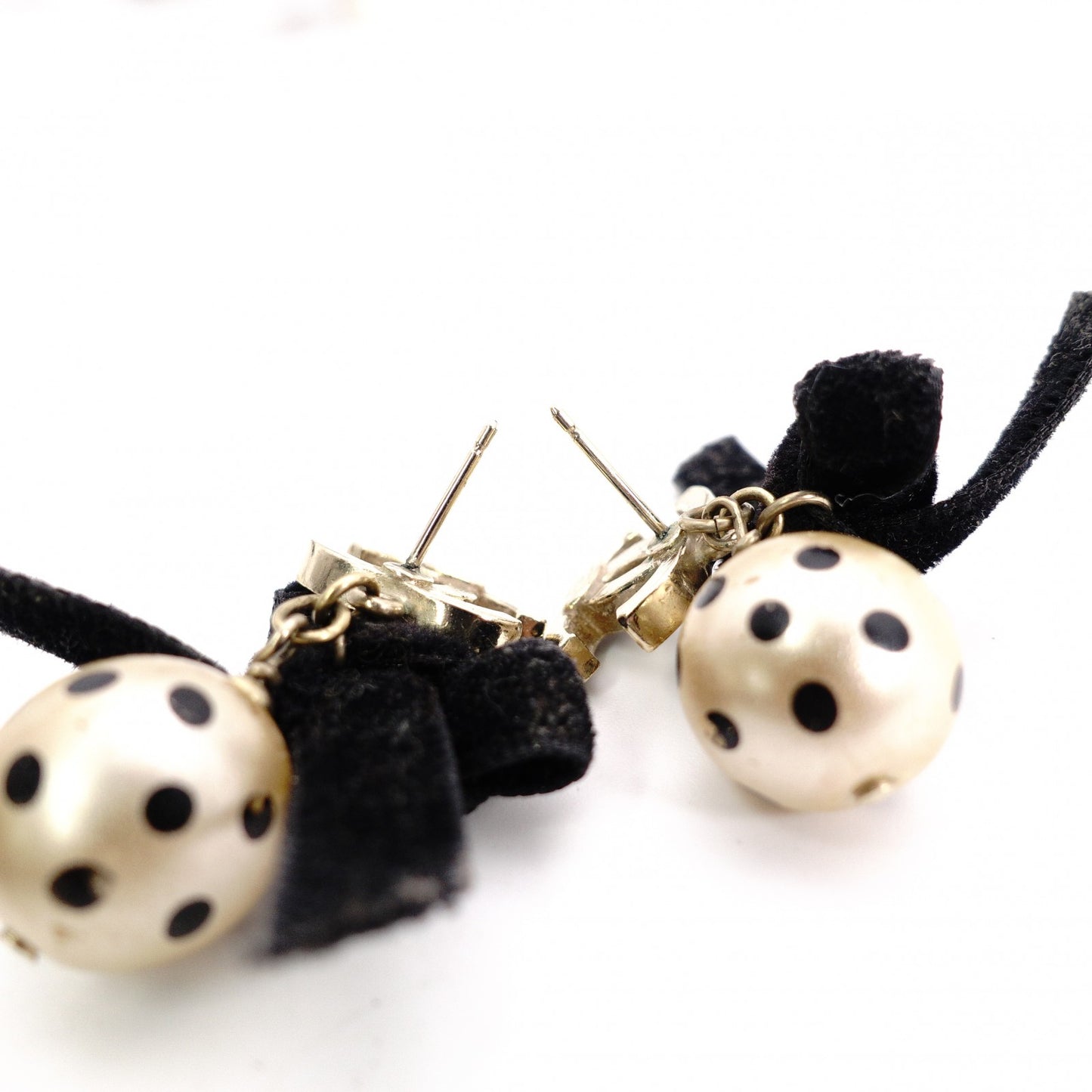 CHANEL Earrings, Metal/Faux Pearl, Beige and Black Ribbon