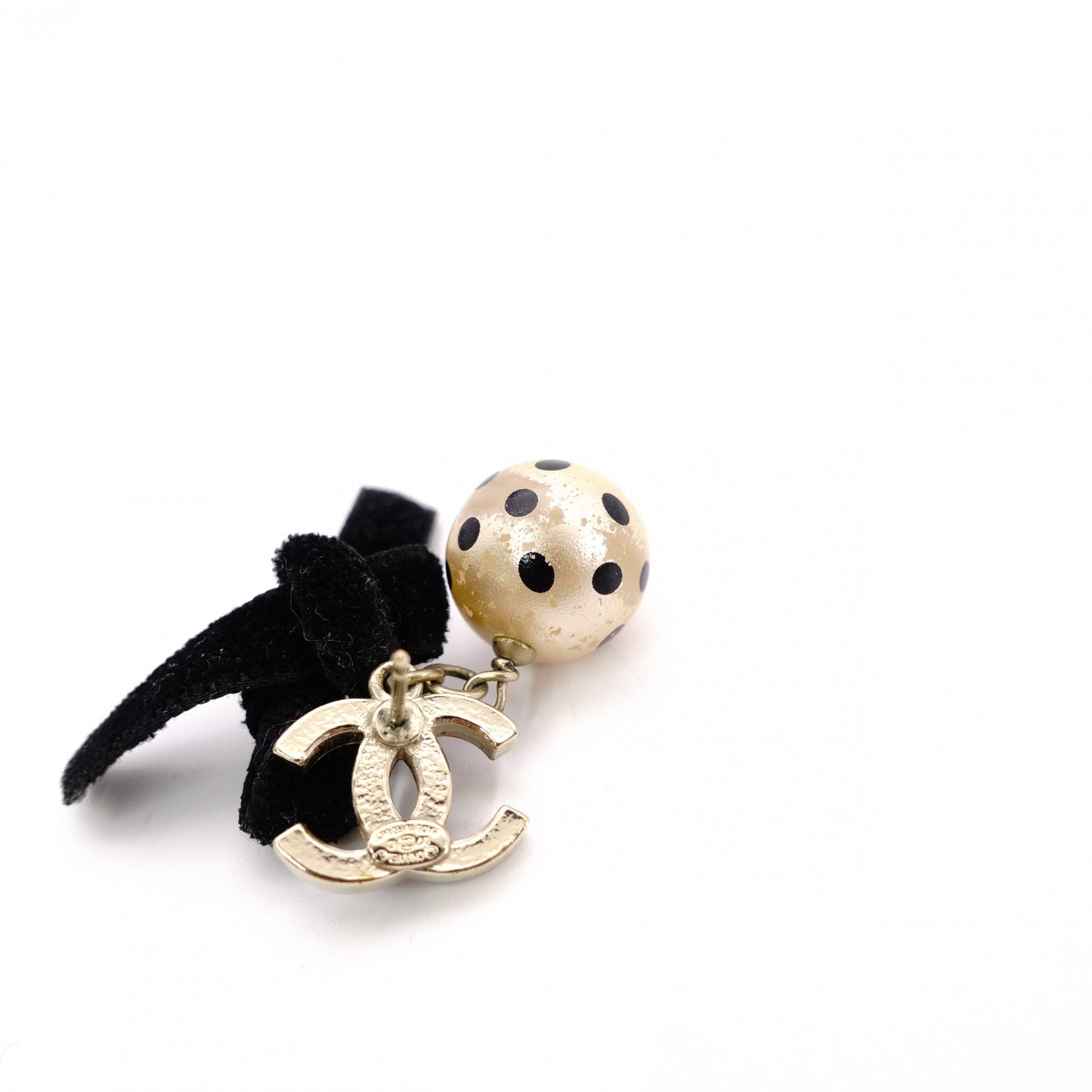 CHANEL Earrings, Metal/Faux Pearl, Beige and Black Ribbon