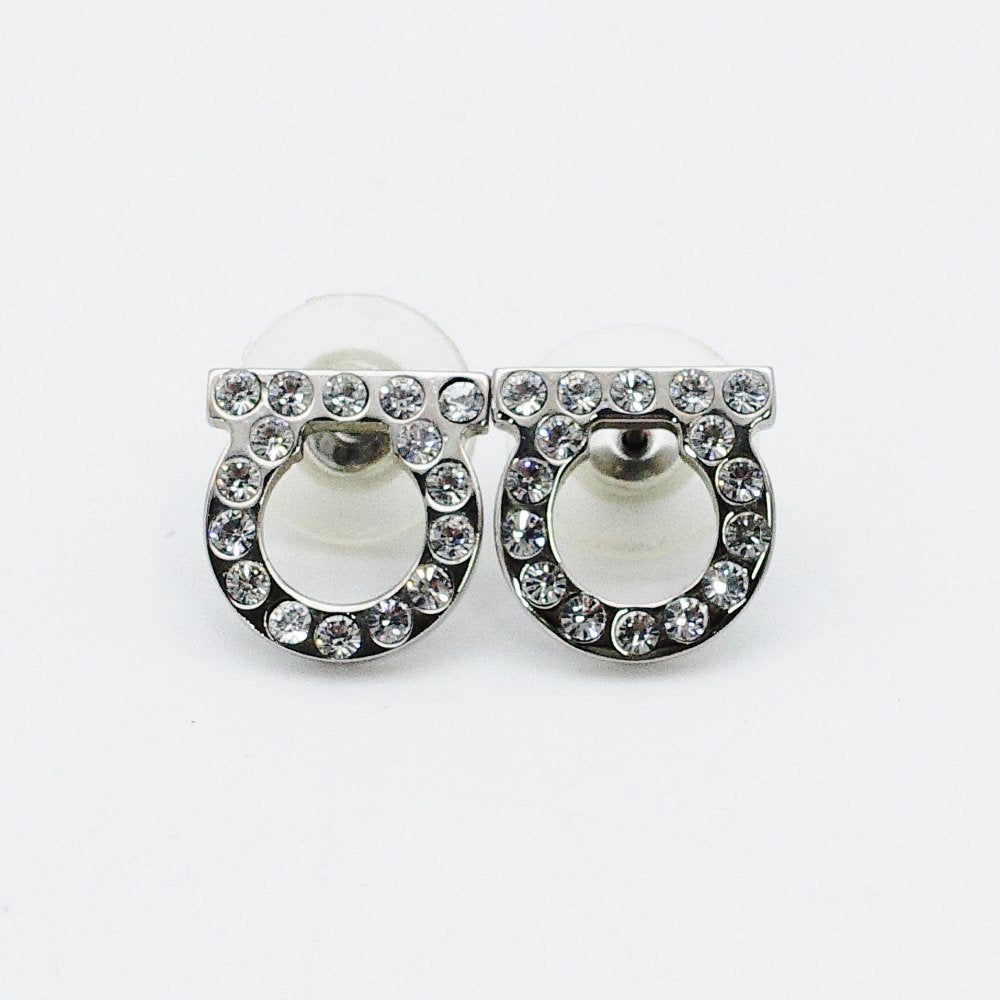 Salvatore Ferragamo Gancini Rhinestone Earrings Silver 7-12-718
