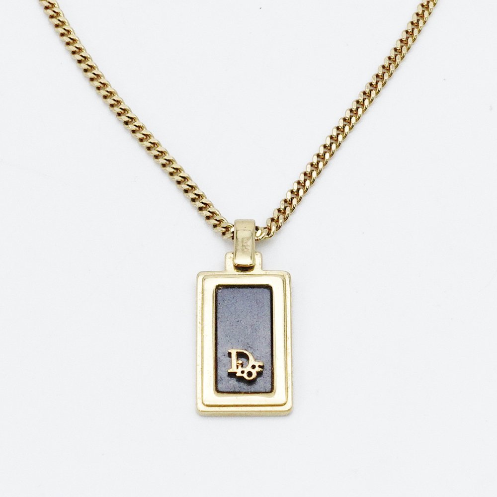 Christian Dior Necklace Gold × Black Plate Vintage 7-12-1234