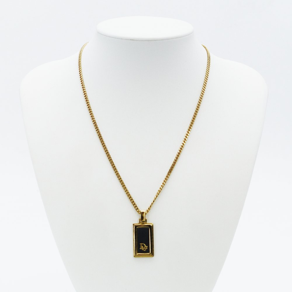 Christian Dior Necklace Gold × Black Plate Vintage 7-12-1234