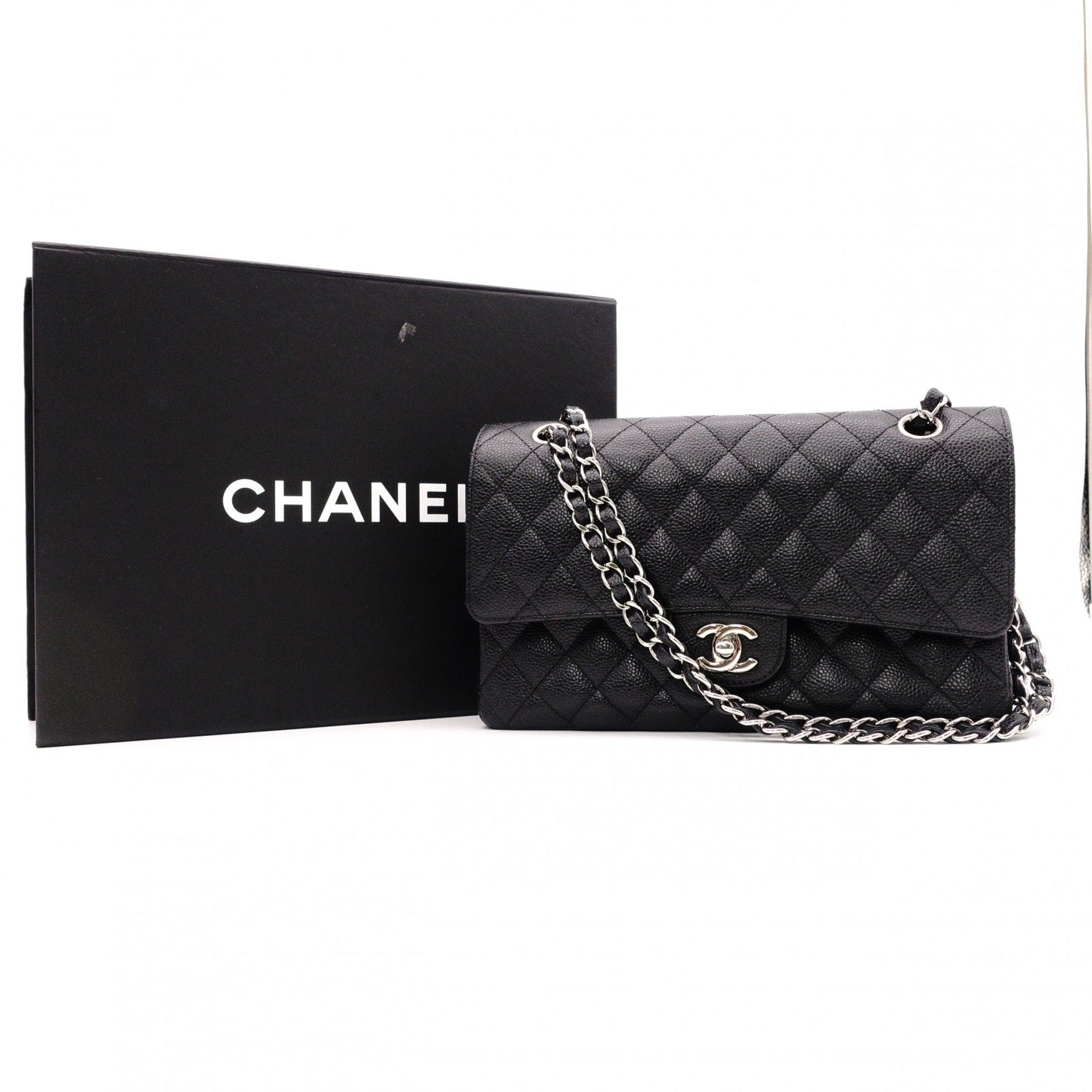 CHANEL シャネル キャビアスキン クラシック Wフラップ ショルダーバッグ レザー ブラック【中古】 レディース