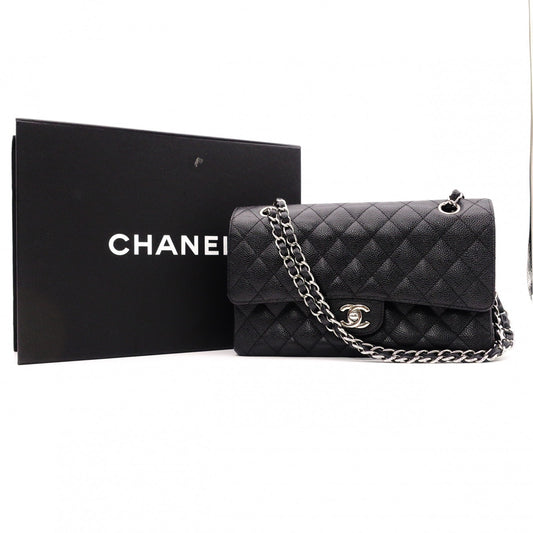 CHANEL シャネル キャビアスキン クラシック Wフラップ ショルダーバッグ レザー ブラック【中古】 レディース