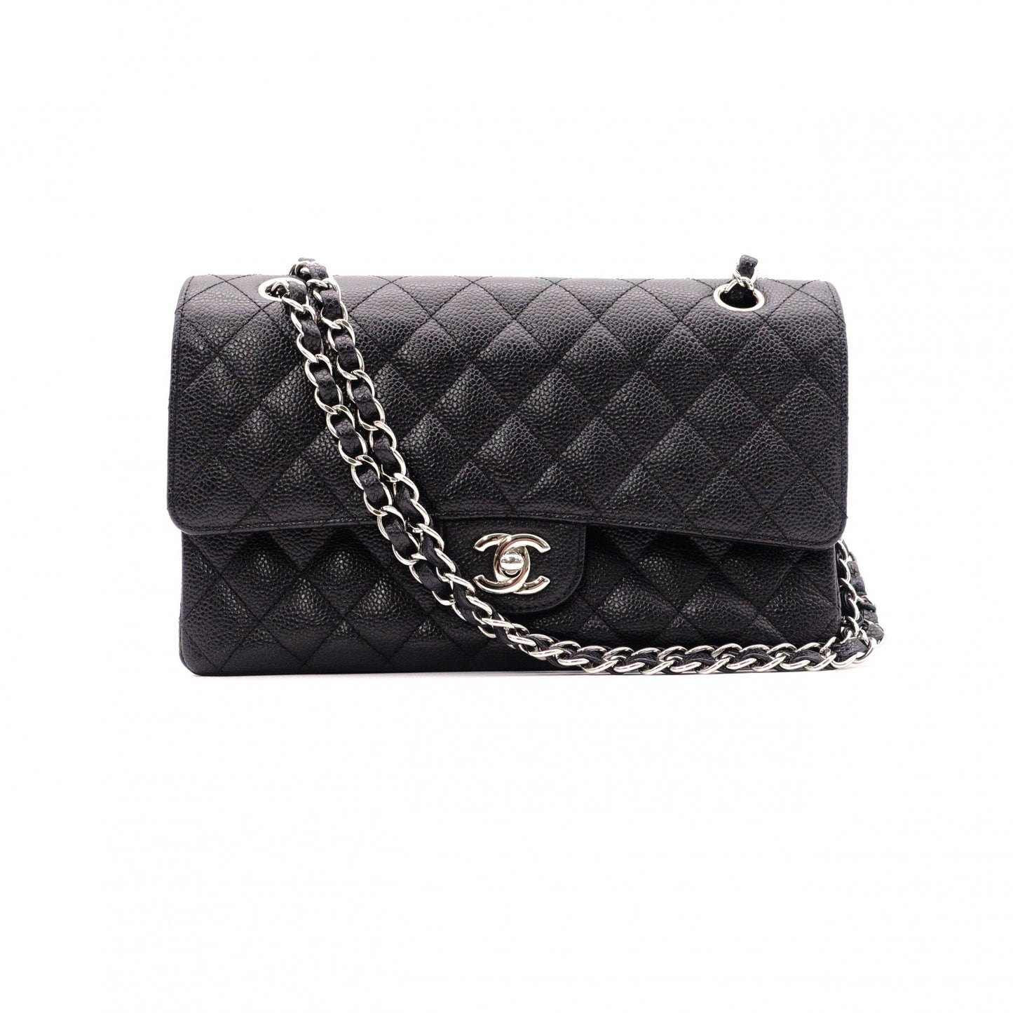 CHANEL シャネル キャビアスキン クラシック Wフラップ ショルダーバッグ レザー ブラック【中古】 レディース