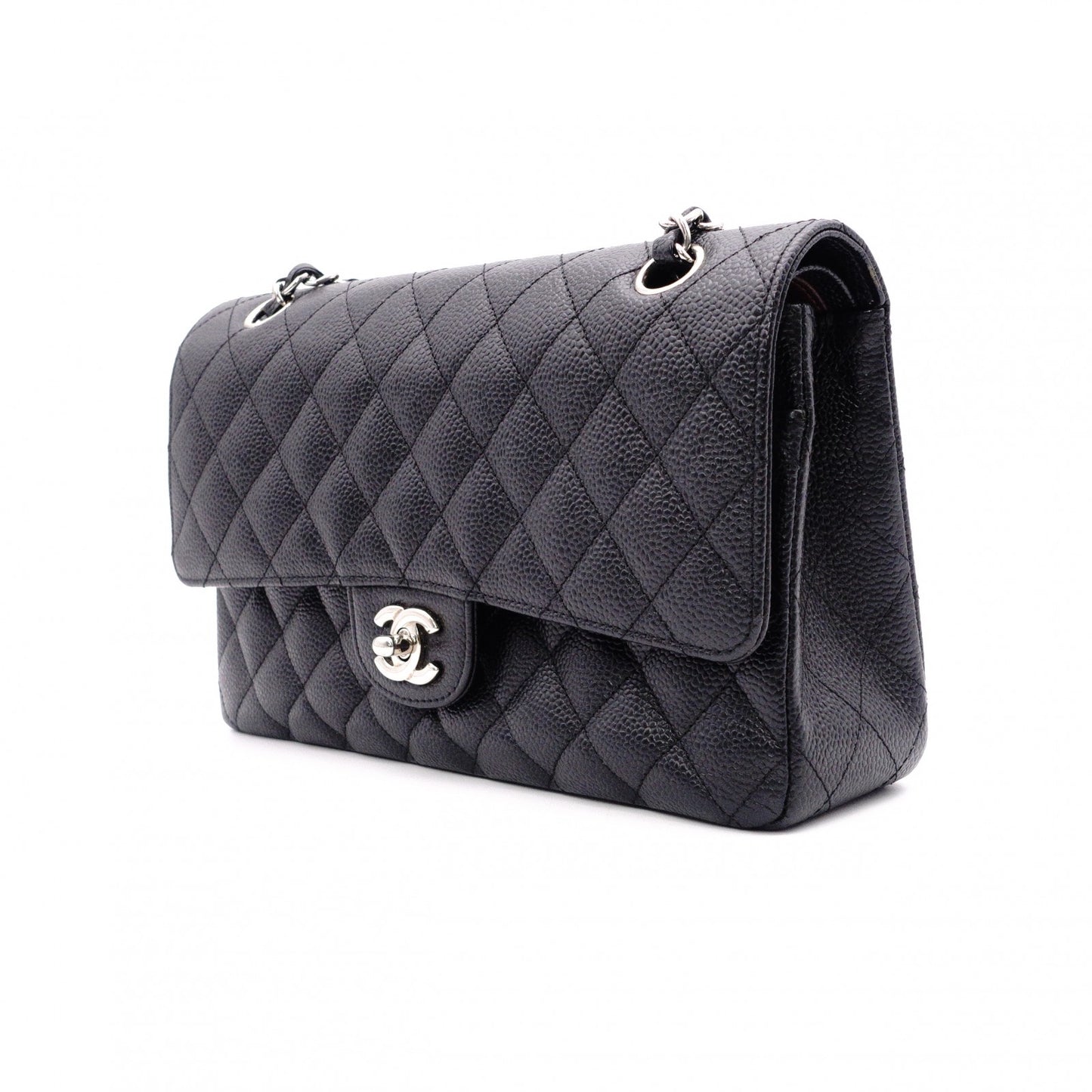 CHANEL シャネル キャビアスキン クラシック Wフラップ ショルダーバッグ レザー ブラック【中古】 レディース