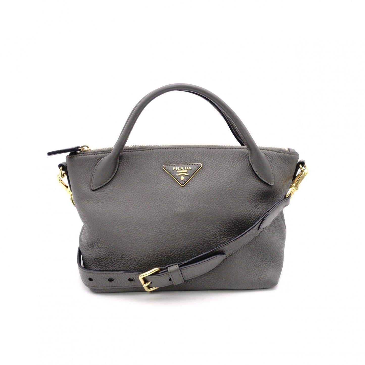 PRADA Handbag, Leather, Gray, 2-Way Crossbody, Gold Hardware, Triangle Logo
