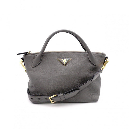 PRADA Handbag, Leather, Gray, 2-Way Crossbody, Gold Hardware, Triangle Logo