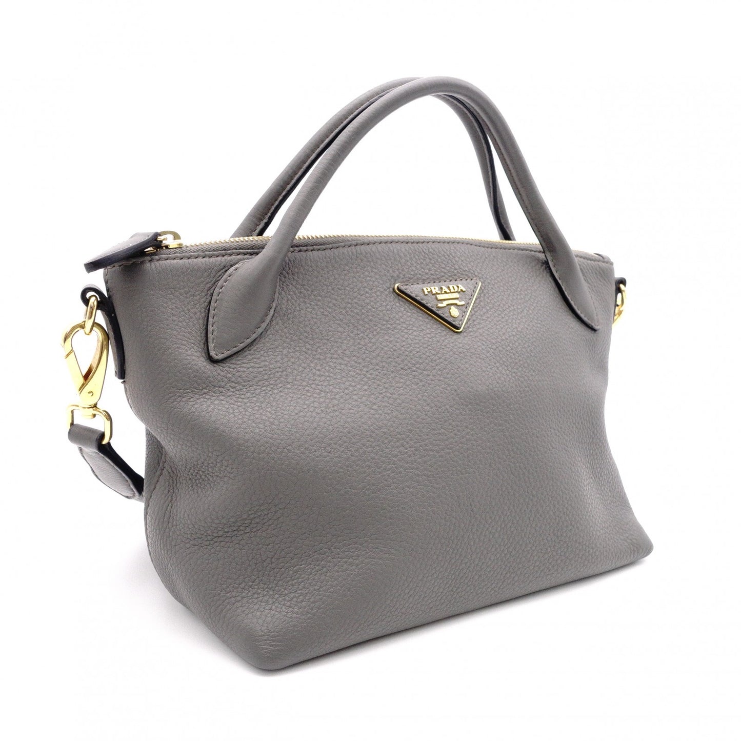 PRADA Handbag, Leather, Gray, 2-Way Crossbody, Gold Hardware, Triangle Logo