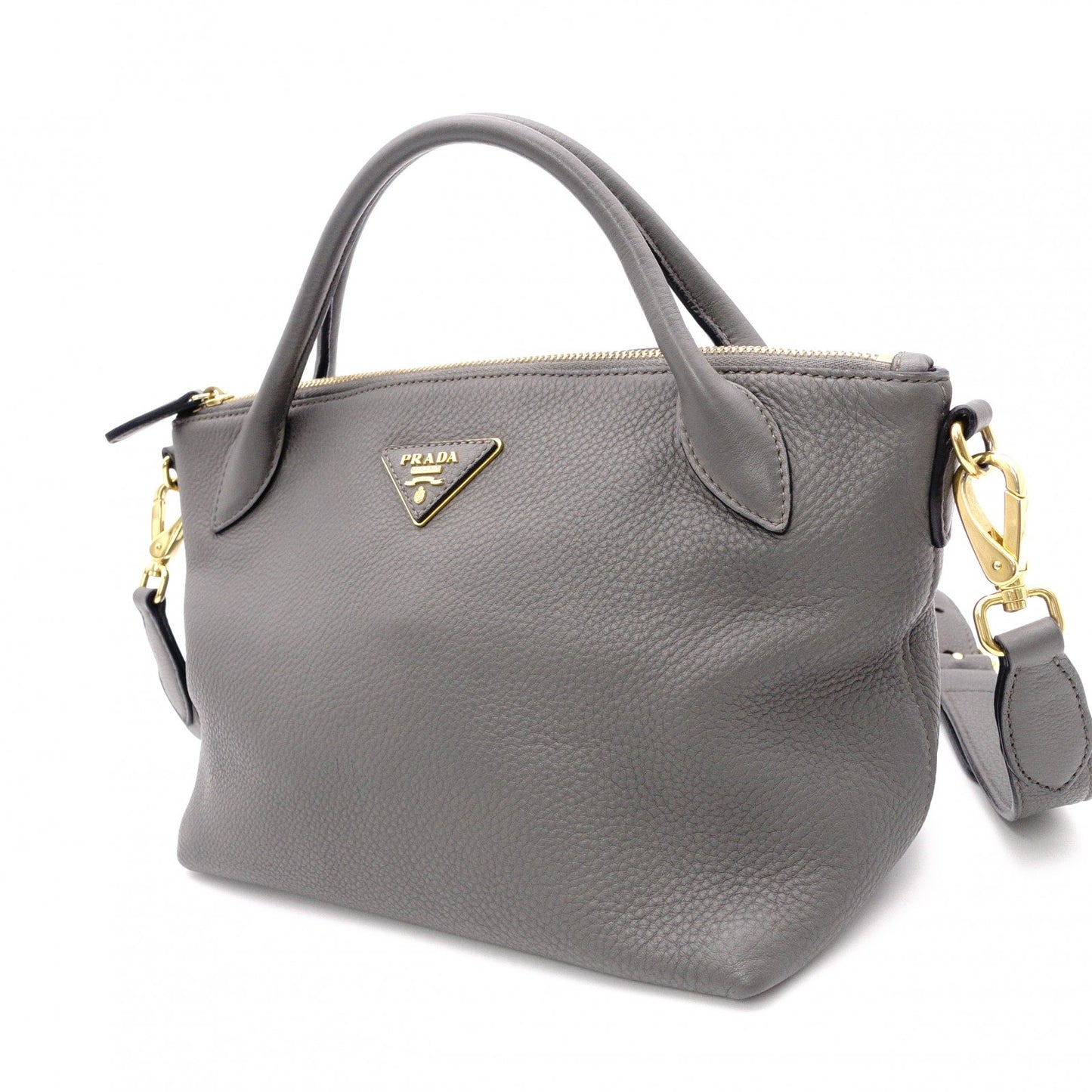 PRADA Handbag, Leather, Gray, 2-Way Crossbody, Gold Hardware, Triangle Logo