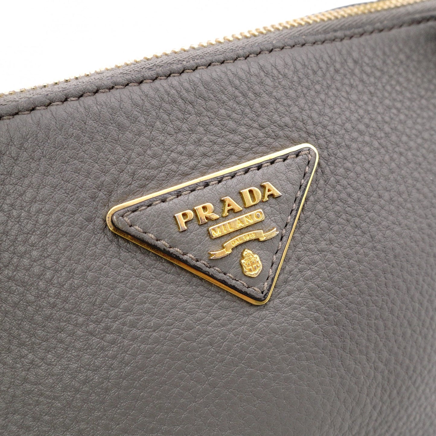PRADA Handbag, Leather, Gray, 2-Way Crossbody, Gold Hardware, Triangle Logo