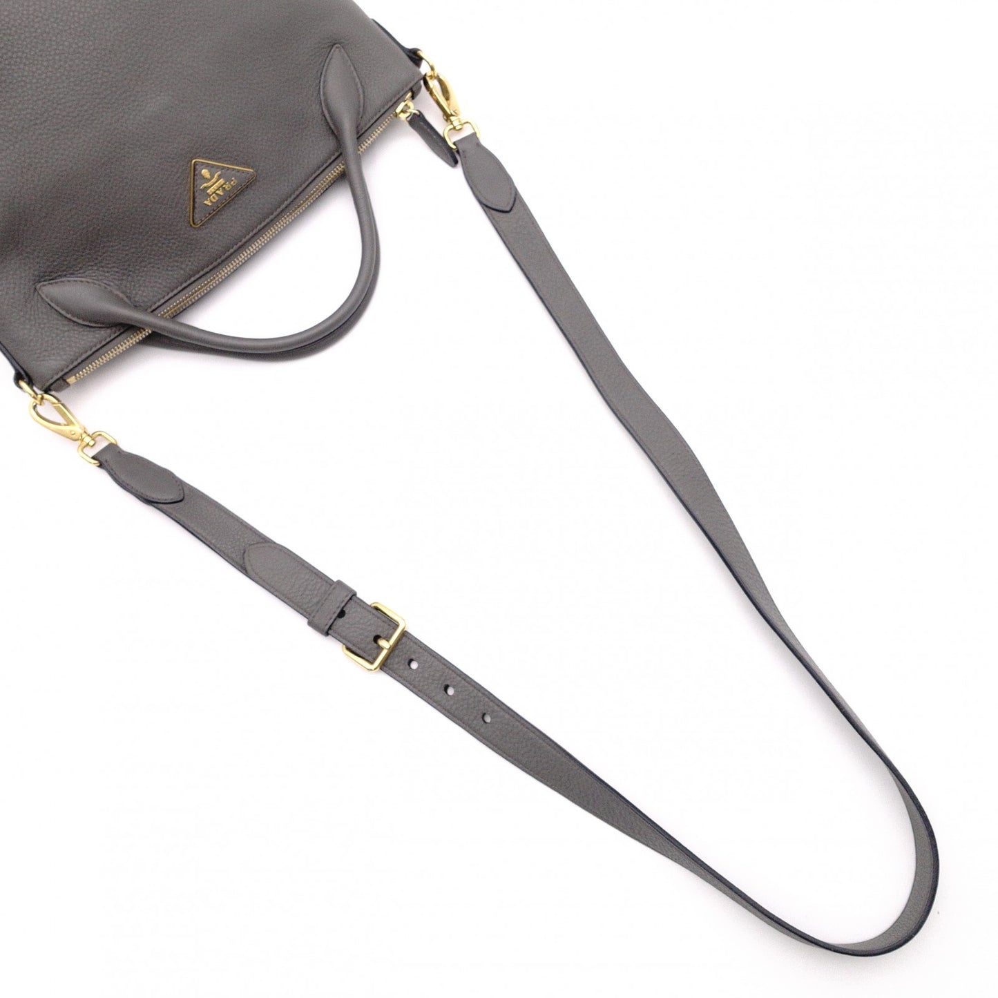 PRADA Handbag, Leather, Gray, 2-Way Crossbody, Gold Hardware, Triangle Logo