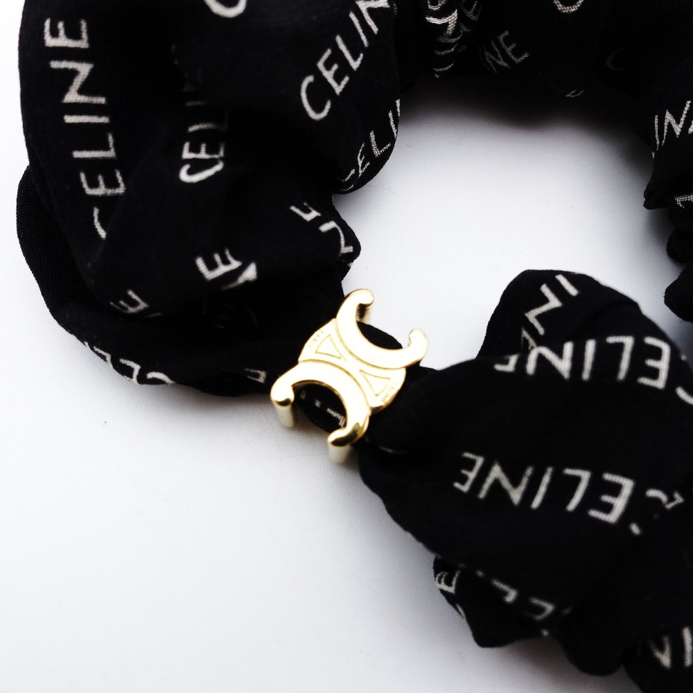 Celine Triomphe Scrunchie Black 100% Silk Logo Black Box Included 7-12-274