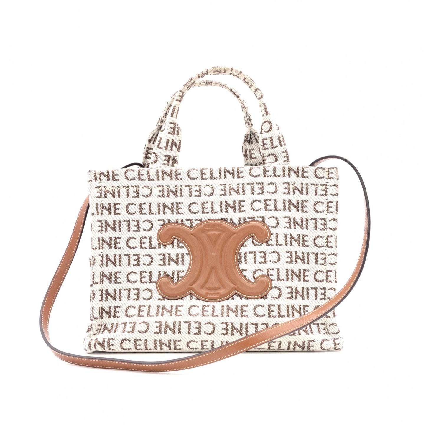 CELINE Triomphe Handbag, Canvas/Leather, White, 2-Way Crossbody, Logo