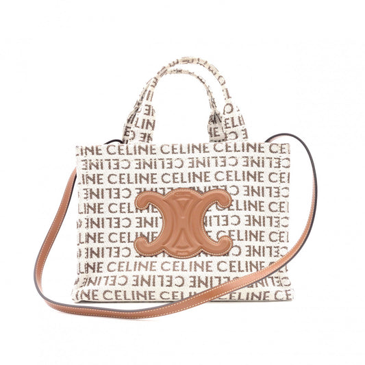 CELINE Triomphe Handbag, Canvas/Leather, White, 2-Way Crossbody, Logo