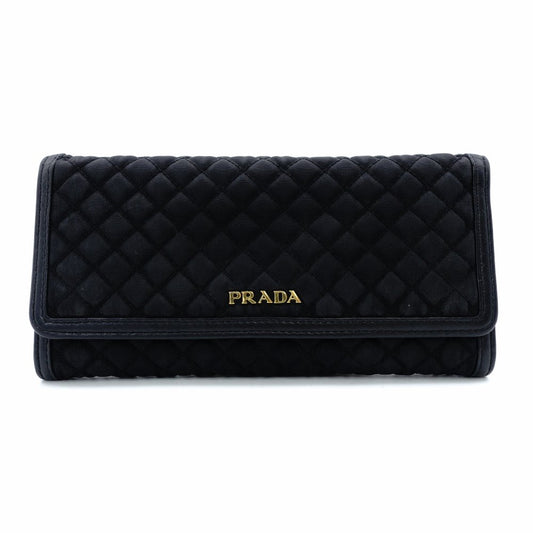 PRADA Long Wallet Black Nylon Leather Wallet Black Gold Hardware Logo with Card Case 7-11-432