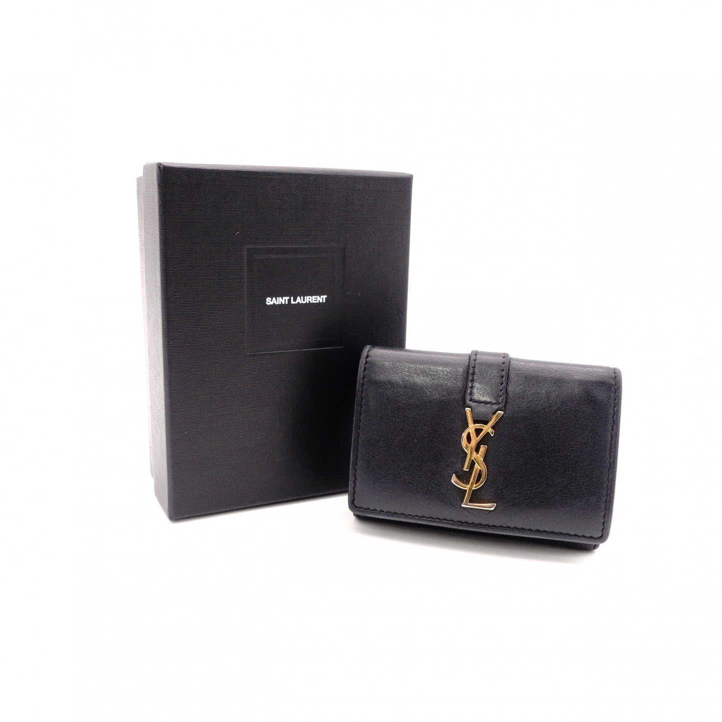 SAINT LAURENT Tiny Wallet Origami Cassandra Tri-fold Wallet, Leather, Black with Gold Hardware