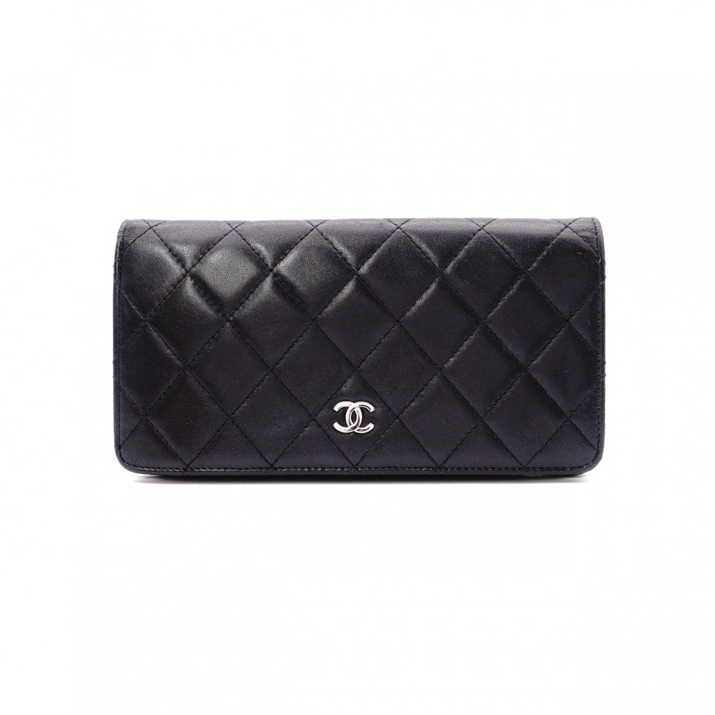 CHANEL Lambskin Matelassé Long Wallet, Leather, Black, Silver Hardware, CC Logo
