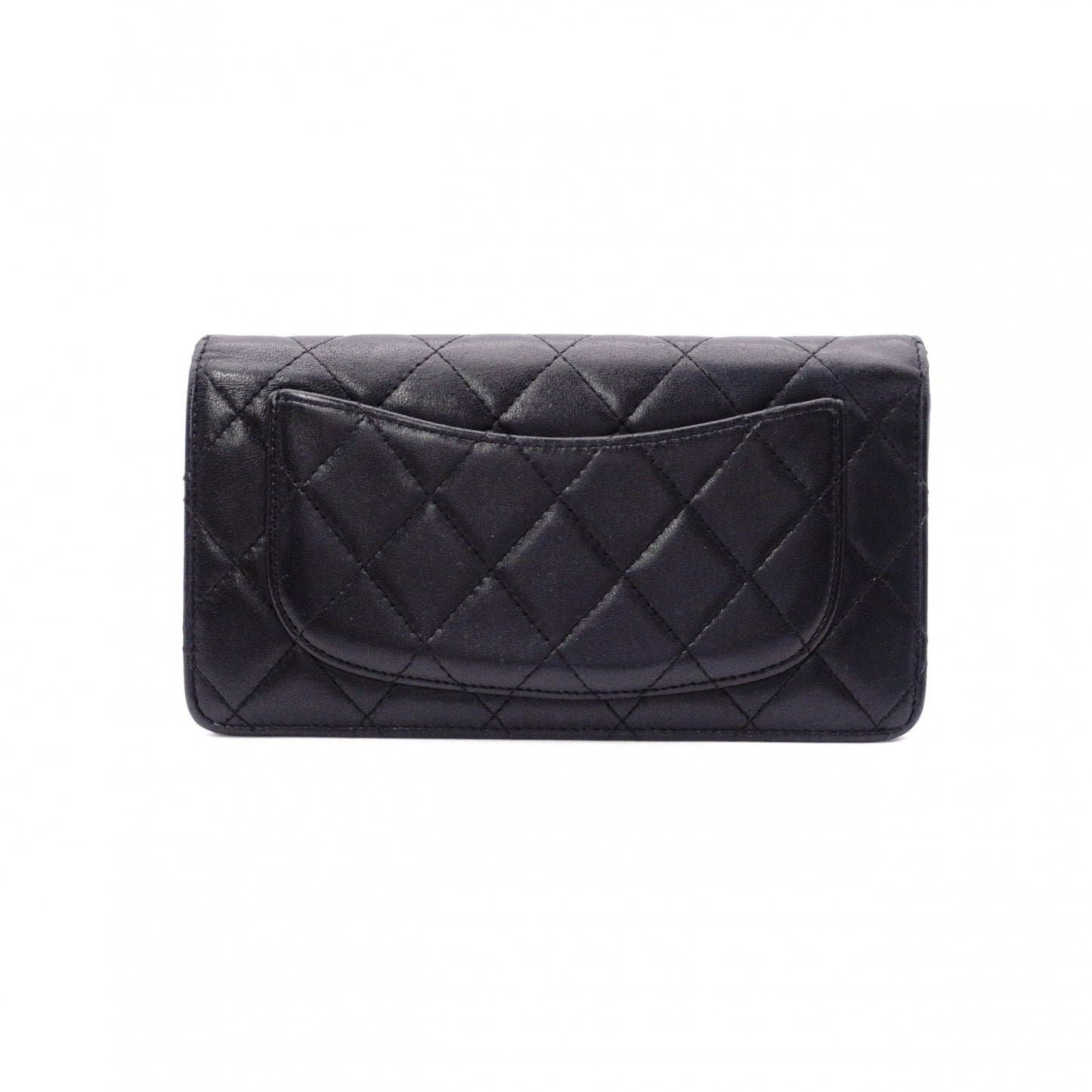 CHANEL Lambskin Matelassé Long Wallet, Leather, Black, Silver Hardware, CC Logo