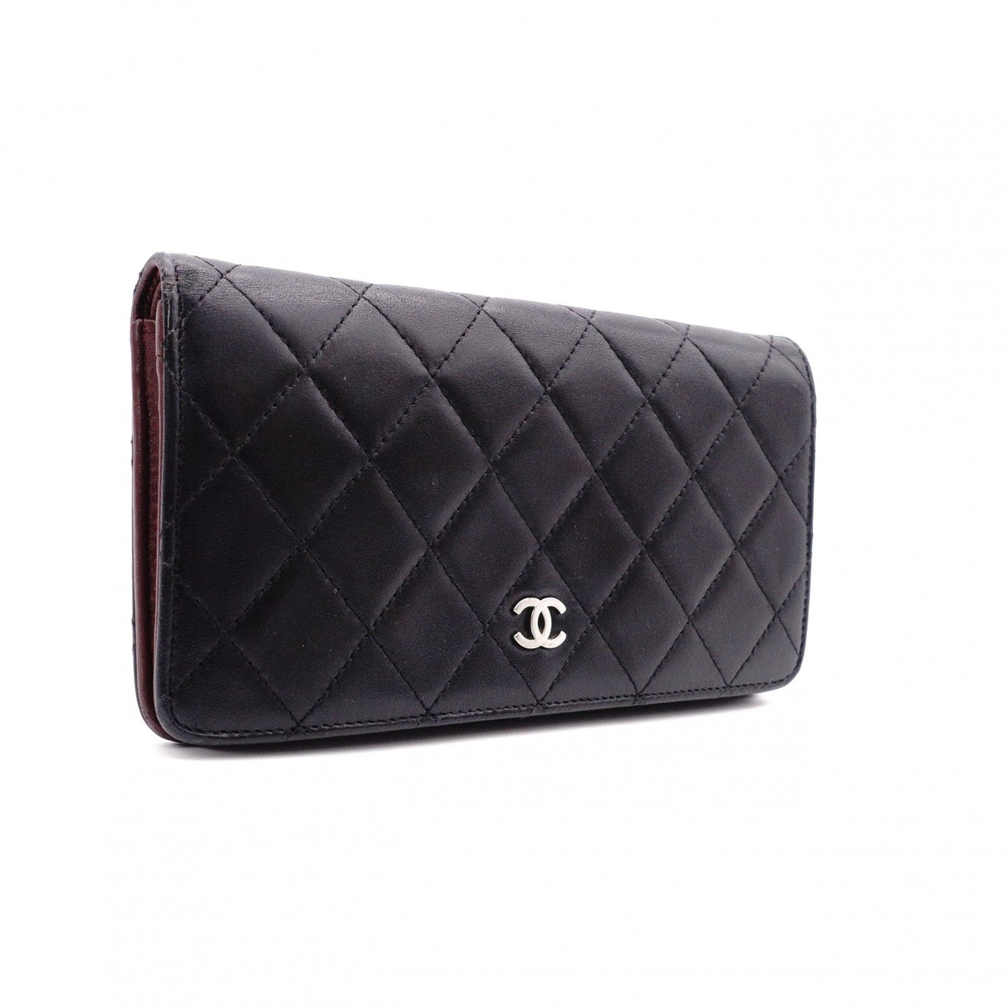 CHANEL Lambskin Matelassé Long Wallet, Leather, Black, Silver Hardware, CC Logo