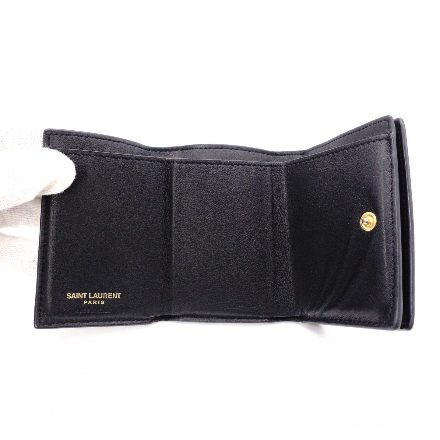 SAINT LAURENT Tiny Wallet Origami Cassandra Tri-fold Wallet, Leather, Black with Gold Hardware