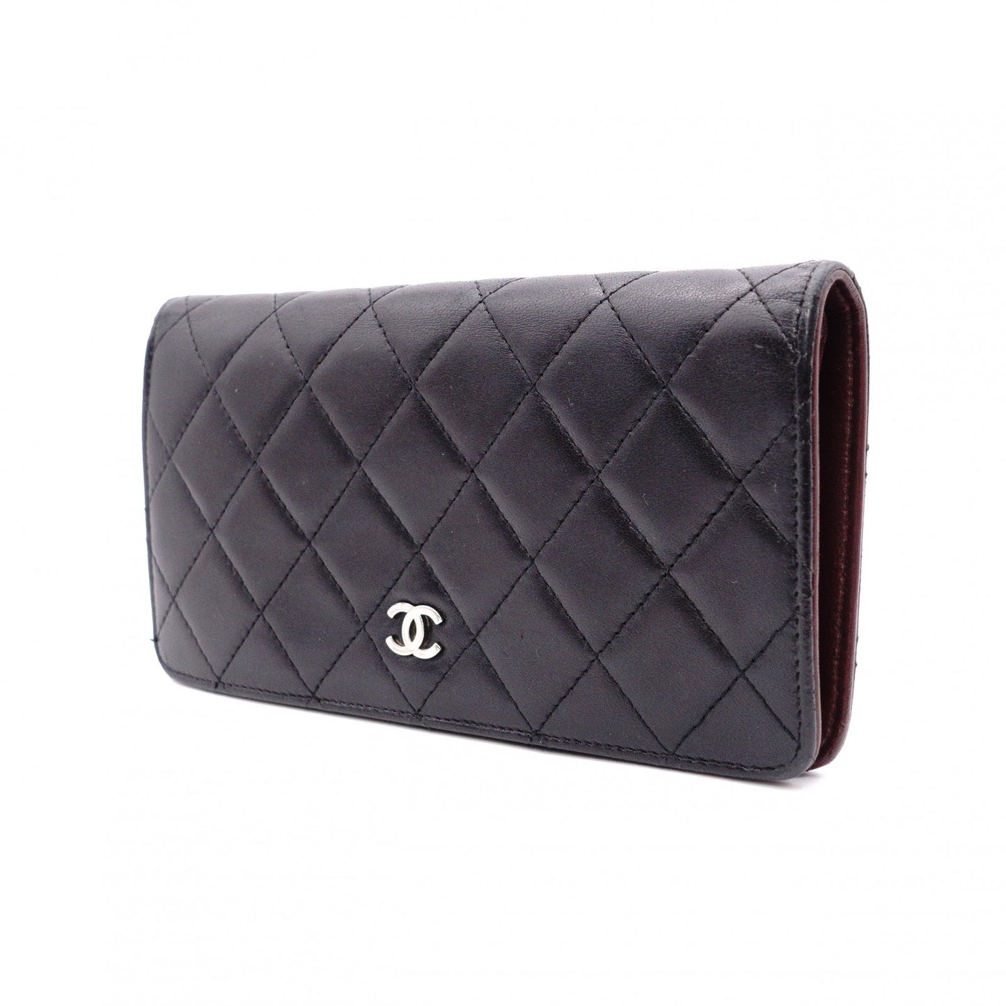CHANEL Lambskin Matelassé Long Wallet, Leather, Black, Silver Hardware, CC Logo