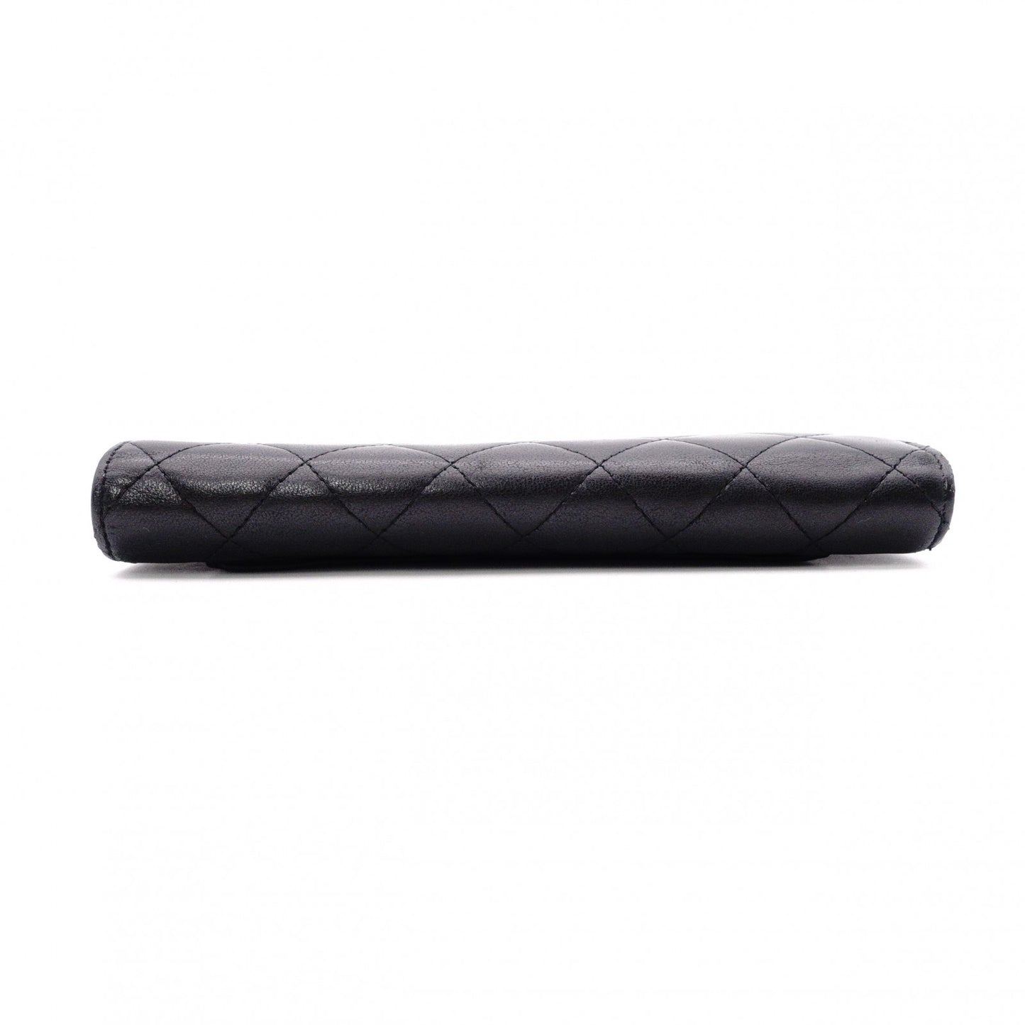 CHANEL Lambskin Matelassé Long Wallet, Leather, Black, Silver Hardware, CC Logo