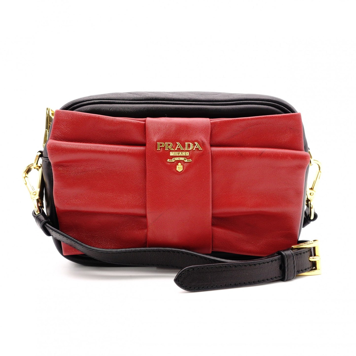 PRADA Ribbon Shoulder Bag, Leather, Black and Red with Gold Hardware