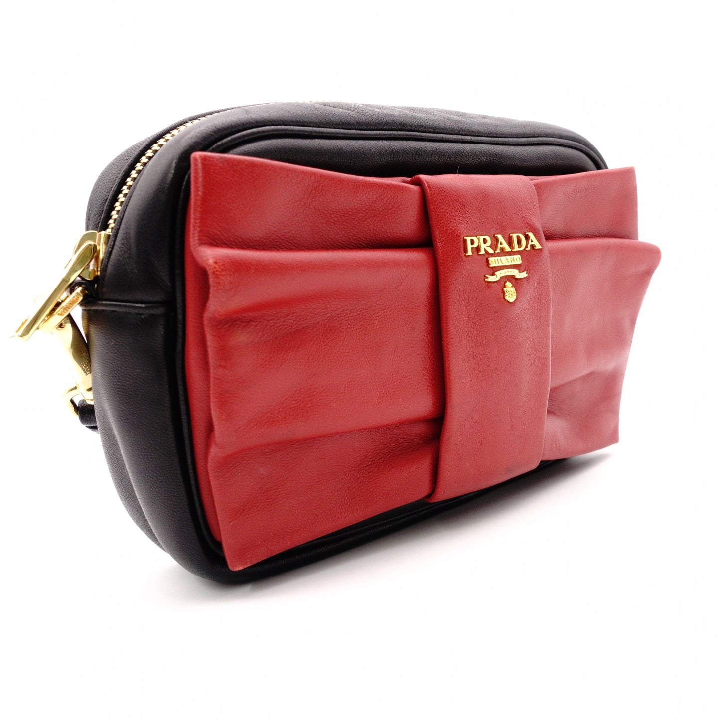 PRADA Ribbon Shoulder Bag, Leather, Black and Red with Gold Hardware