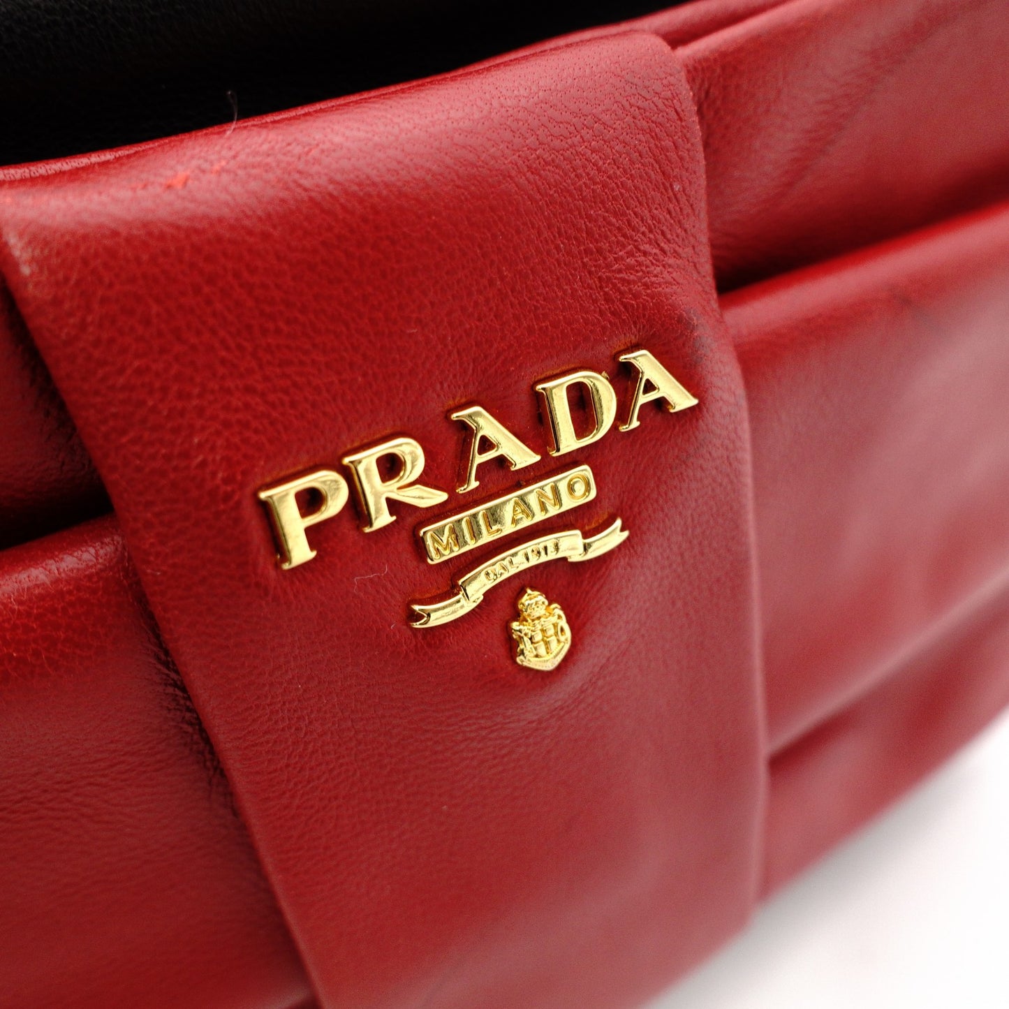 PRADA Ribbon Shoulder Bag, Leather, Black and Red with Gold Hardware