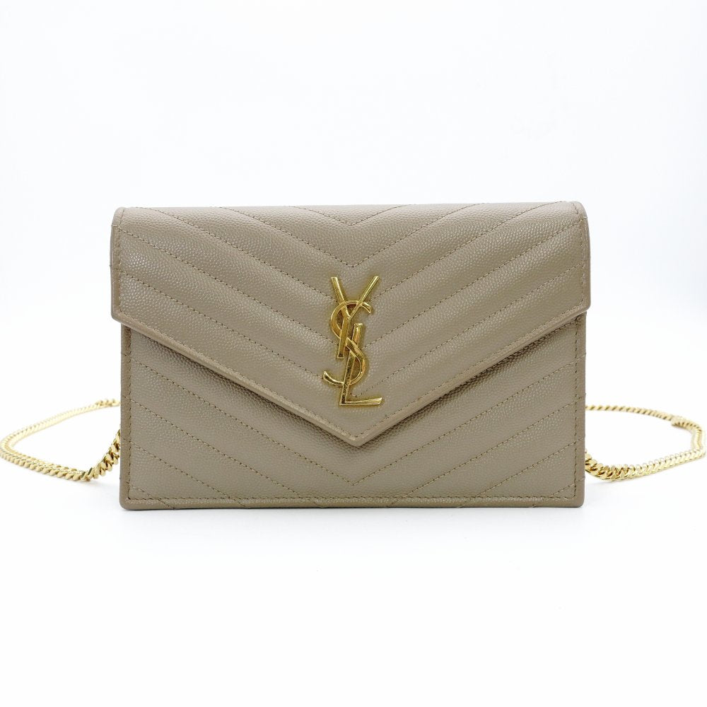Saint Laurent Cassandra Chain Wallet Leather Beige YSL Crossbody 7-12-616