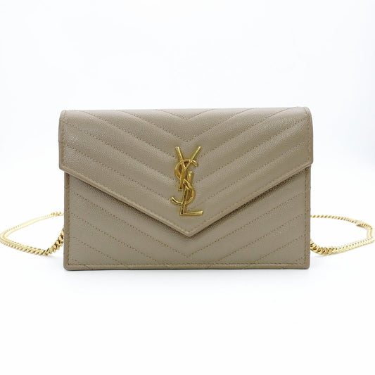 Saint Laurent Cassandra Chain Wallet Leather Beige YSL Crossbody 7-12-616