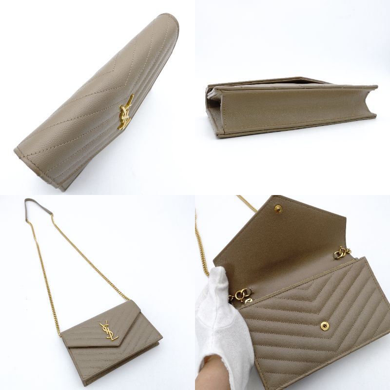 Saint Laurent Cassandra Chain Wallet Leather Beige YSL Crossbody 7-12-616