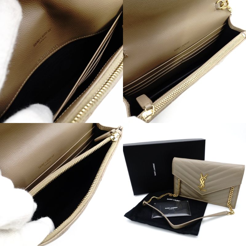 Saint Laurent Cassandra Chain Wallet Leather Beige YSL Crossbody 7-12-616
