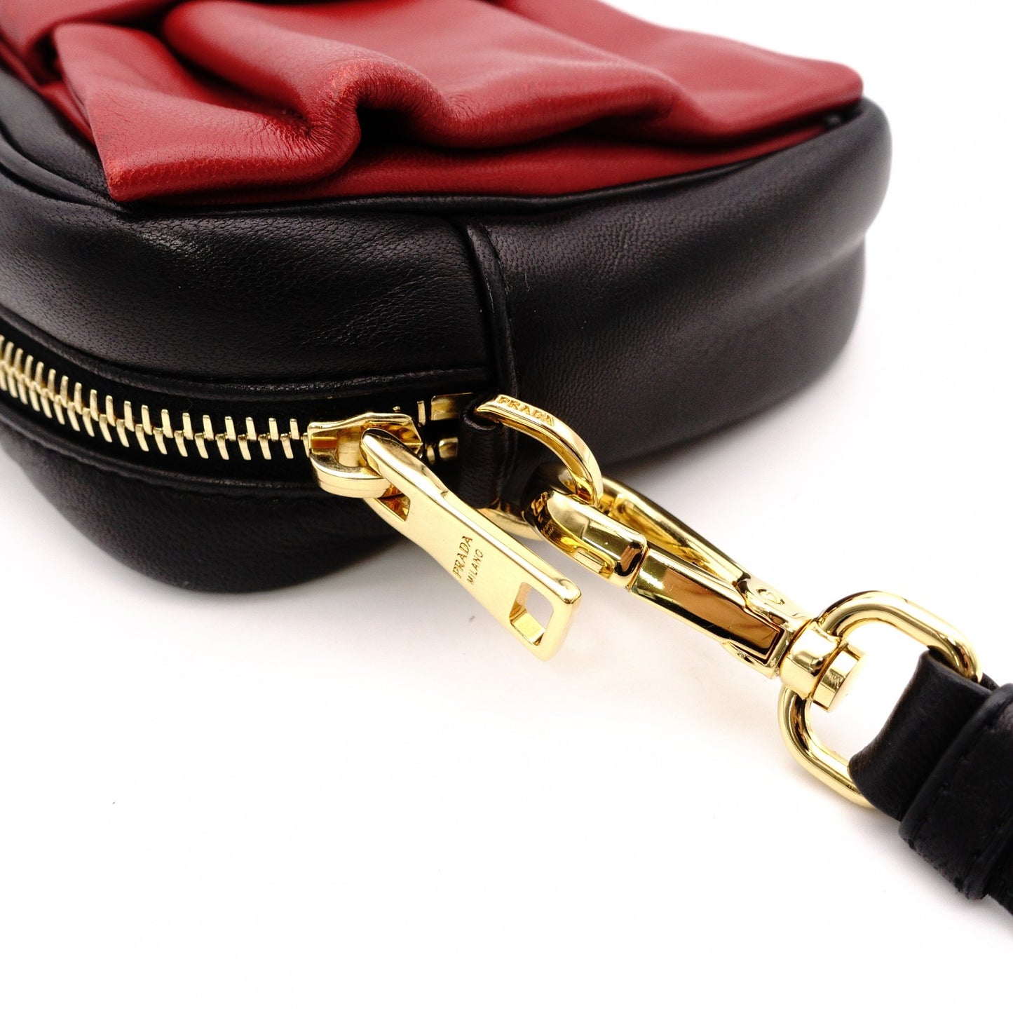 PRADA Ribbon Shoulder Bag, Leather, Black and Red with Gold Hardware