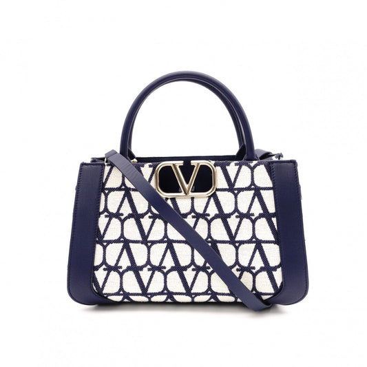 Valentino Garavani Twill Iconograph Handbag, Canvas, Navy, 2-Way, Logo