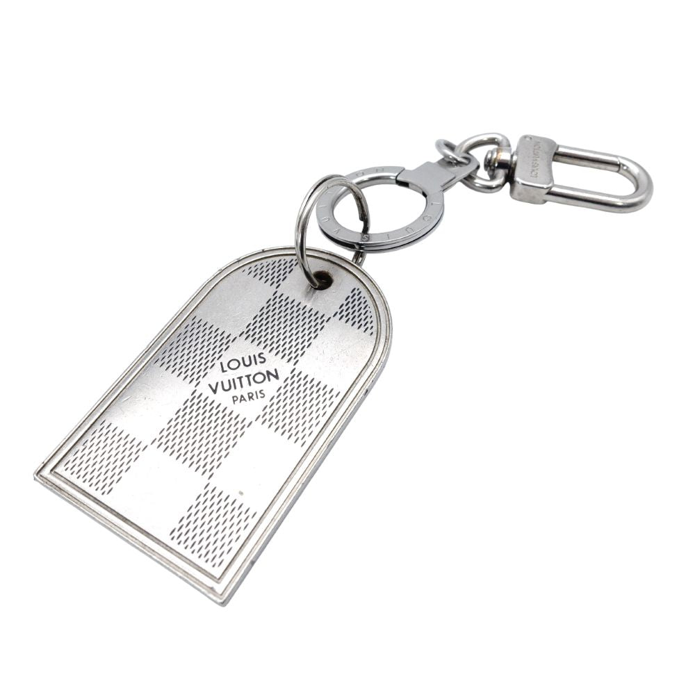 LOUIS VUITTON Bag Charm Key Ring Plate Silver Damier 7-12-253