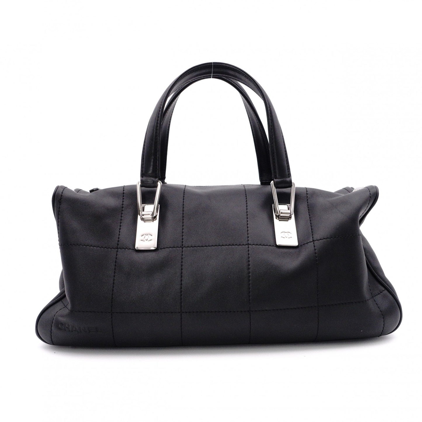 CHANEL Lambskin Chocolate Bar Mini Boston Shoulder Bag, Leather, Black, Silver Hardware