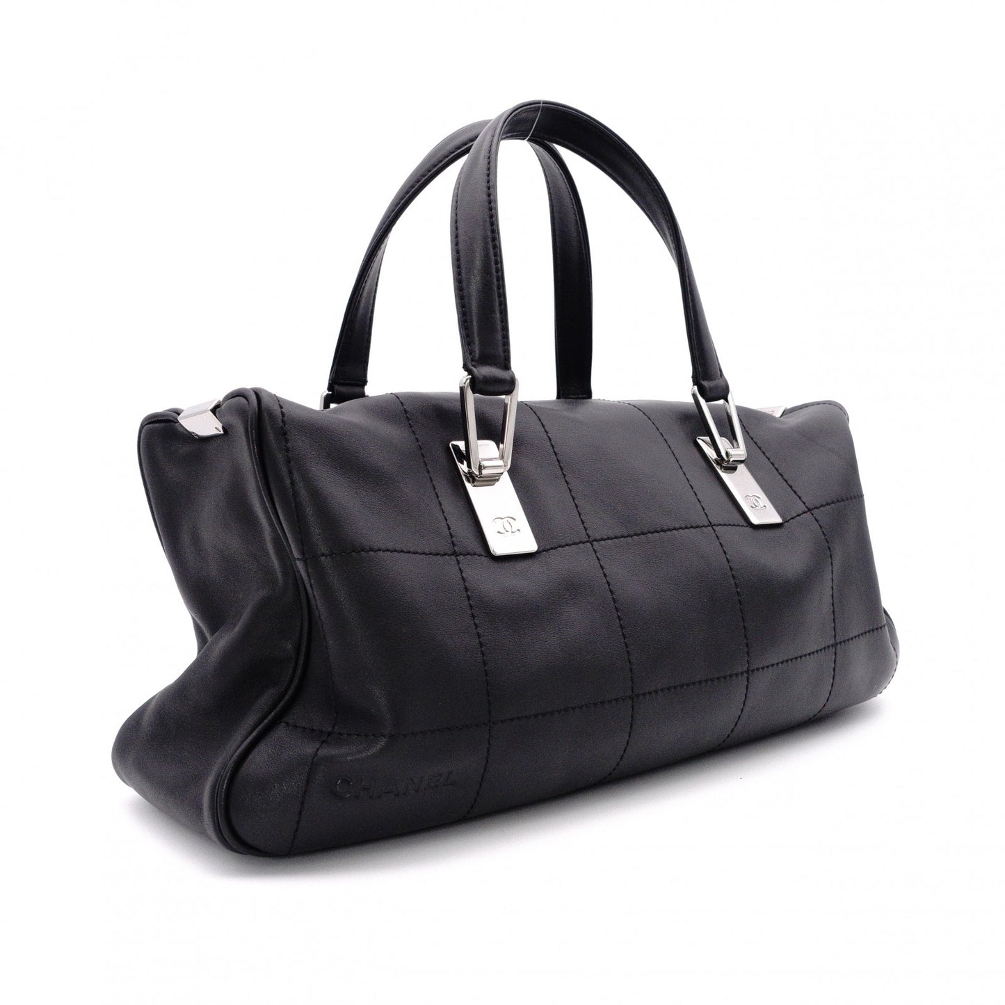 CHANEL Lambskin Chocolate Bar Mini Boston Shoulder Bag, Leather, Black, Silver Hardware