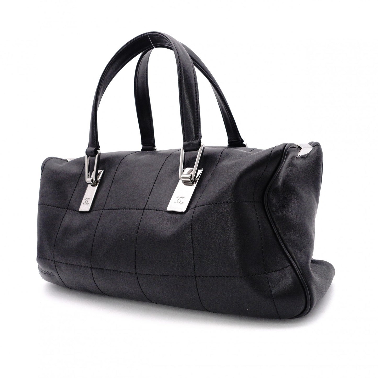 CHANEL Lambskin Chocolate Bar Mini Boston Shoulder Bag, Leather, Black, Silver Hardware