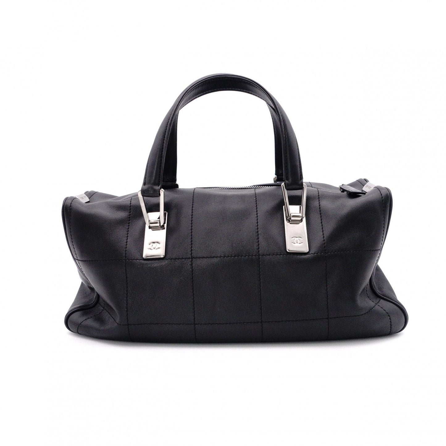 CHANEL Lambskin Chocolate Bar Mini Boston Shoulder Bag, Leather, Black, Silver Hardware