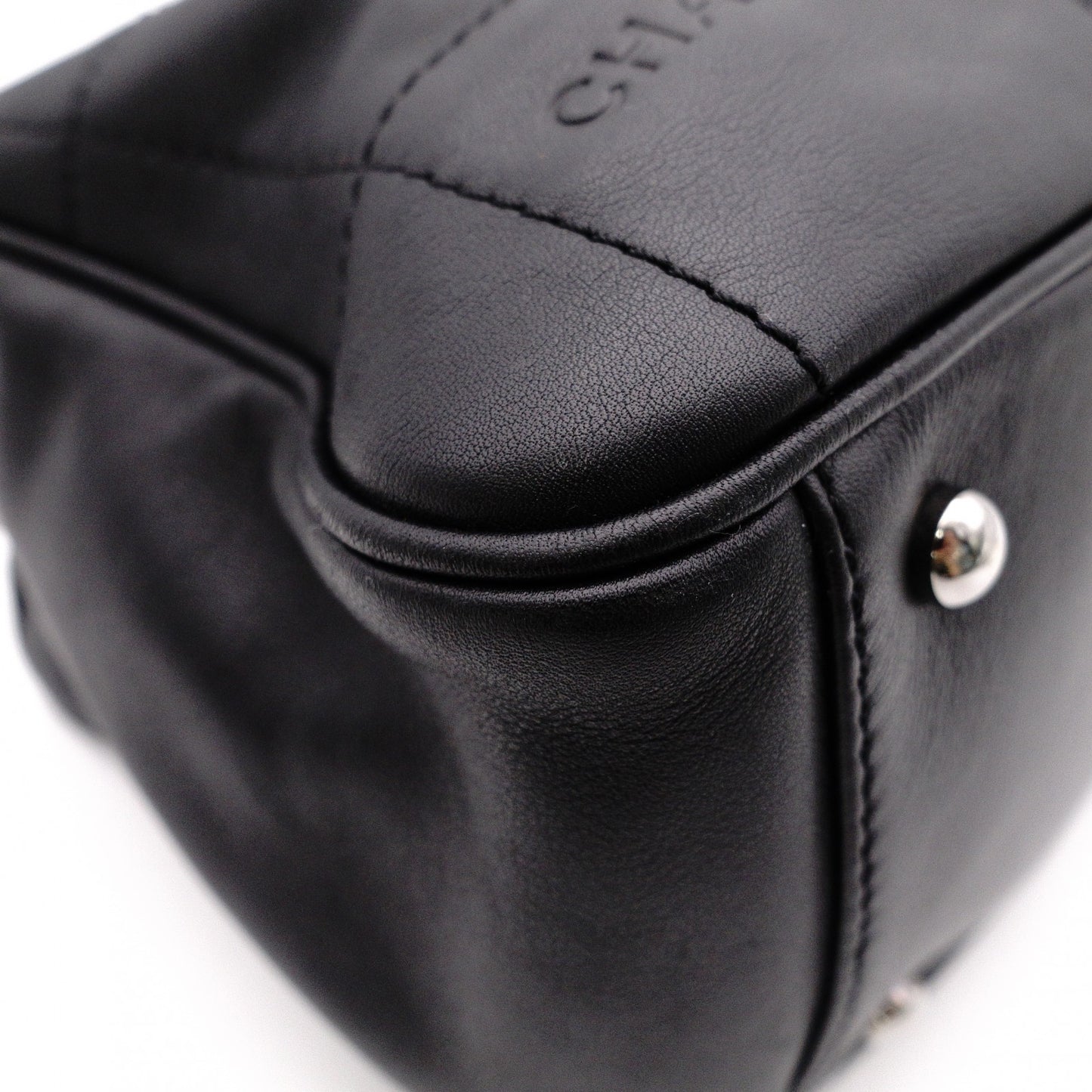 CHANEL Lambskin Chocolate Bar Mini Boston Shoulder Bag, Leather, Black, Silver Hardware