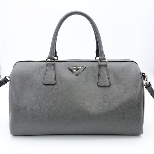 PRADA Galleria Handbag Gray Saffiano Leather Boston Leather 2-Way Silver Hardware