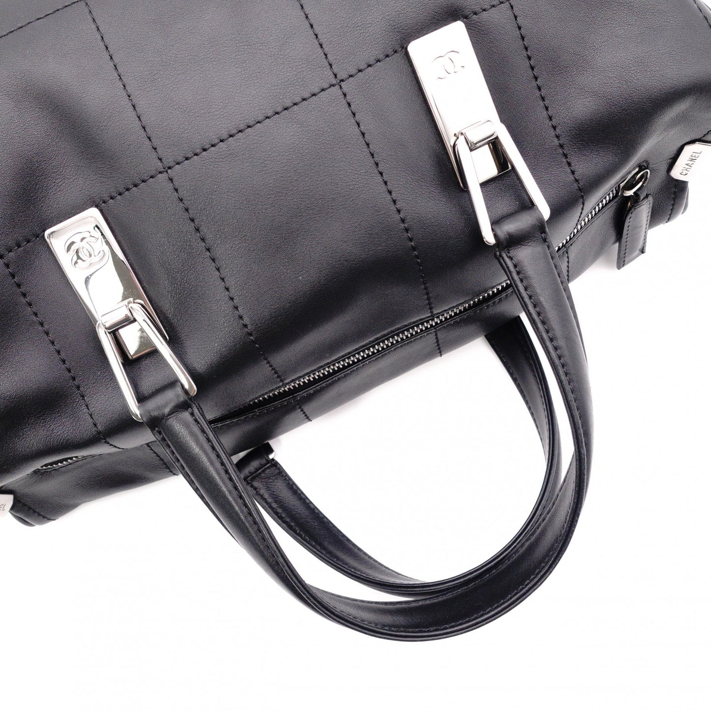 CHANEL Lambskin Chocolate Bar Mini Boston Shoulder Bag, Leather, Black, Silver Hardware