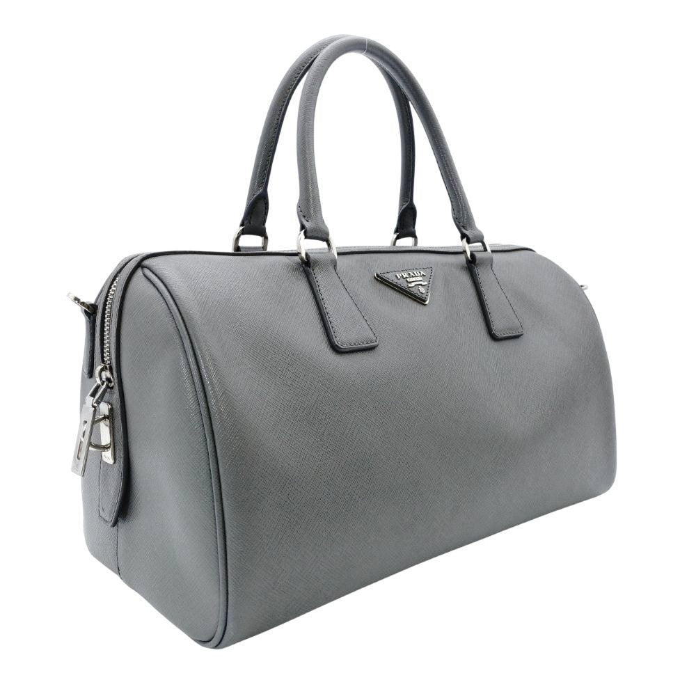 PRADA Galleria Handbag Gray Saffiano Leather Boston Leather 2-Way Silver Hardware