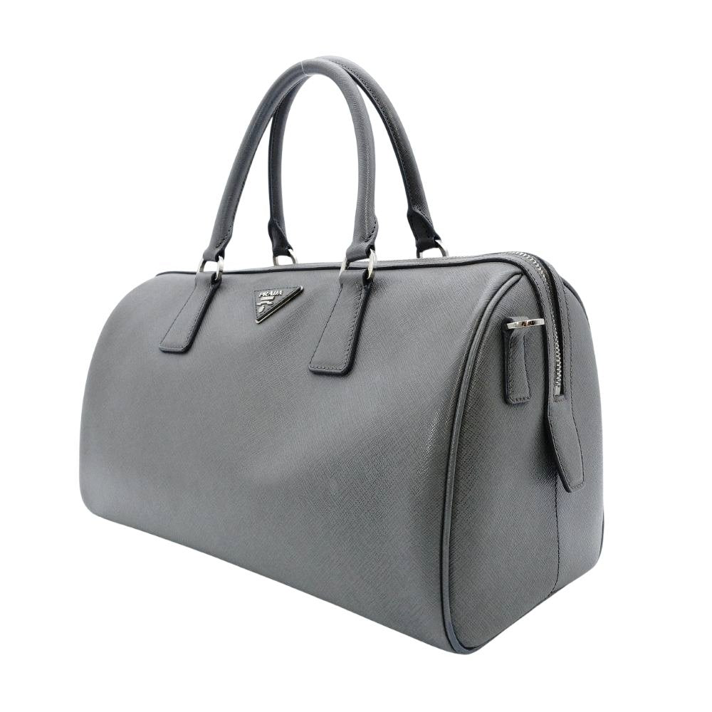 PRADA Galleria Handbag Gray Saffiano Leather Boston Leather 2-Way Silver Hardware