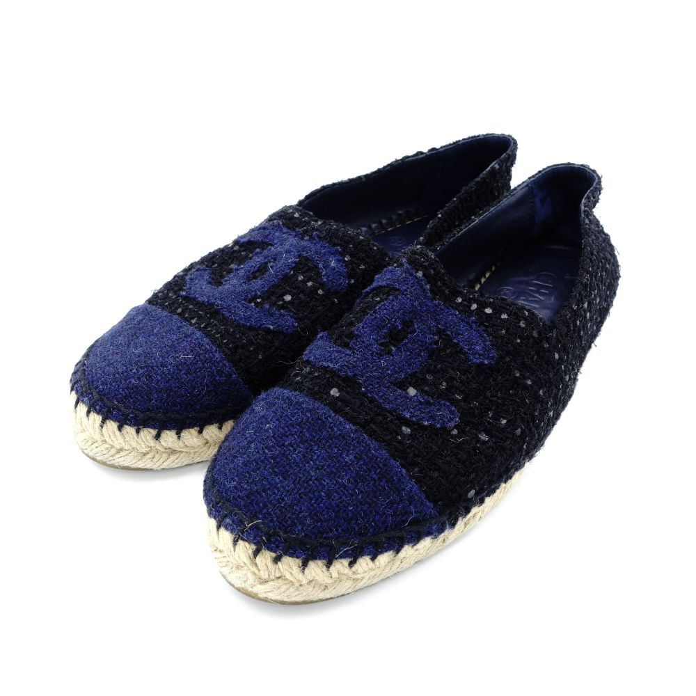 CHANEL Espadrille Slip-On Tweed Navy × Black EU 37 Women's Approx. 9.3" 7-11-107