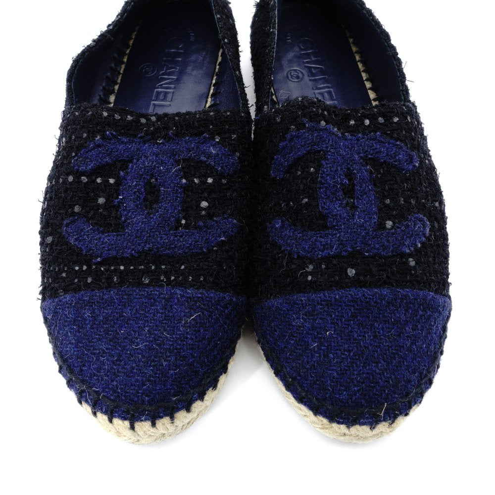 CHANEL Espadrille Slip-On Tweed Navy × Black EU 37 Women's Approx. 9.3" 7-11-107