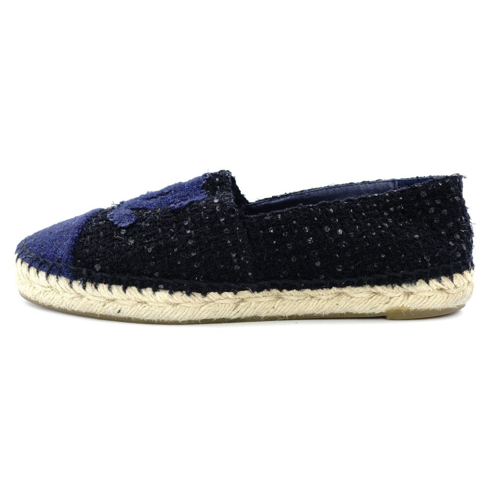 CHANEL Espadrille Slip-On Tweed Navy × Black EU 37 Women's Approx. 9.3" 7-11-107