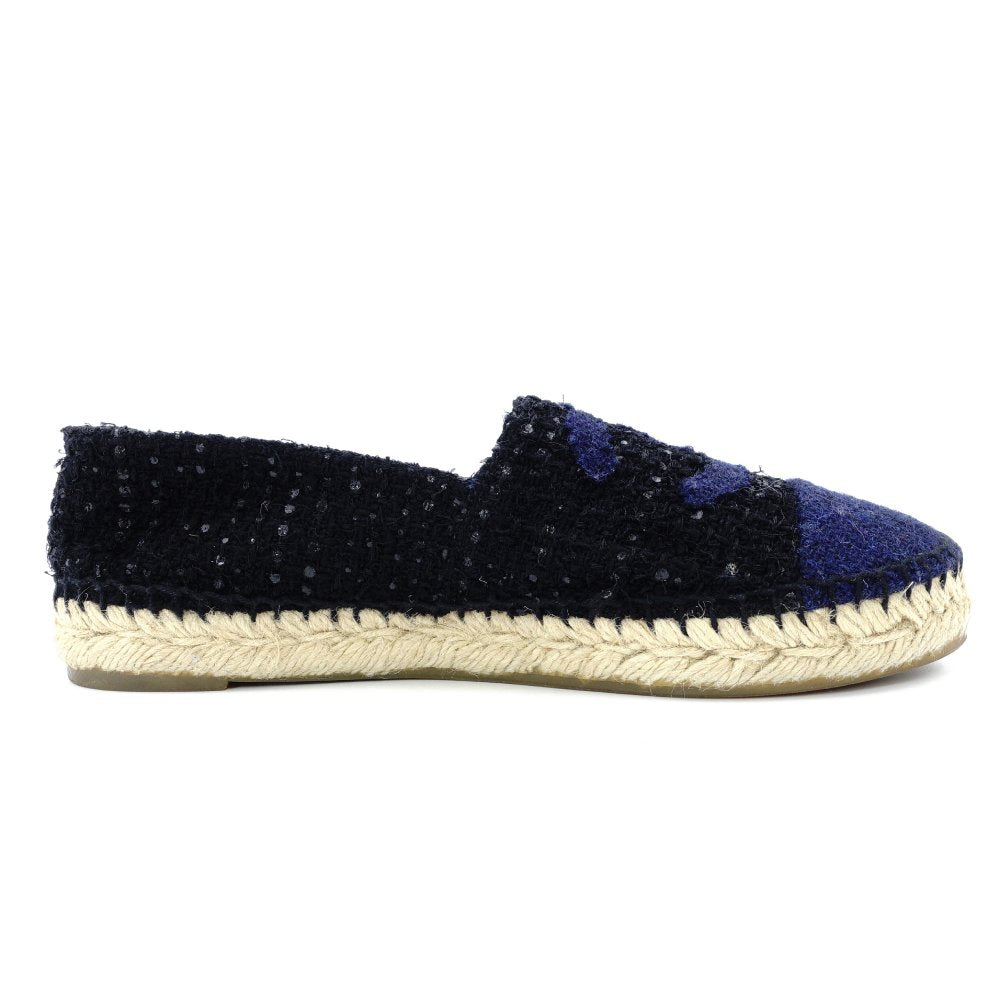 CHANEL Espadrille Slip-On Tweed Navy × Black EU 37 Women's Approx. 9.3" 7-11-107